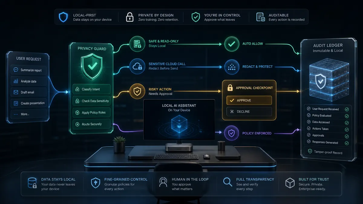 Security workflow visual showing local privacy guard, redaction, approval checkpoint, safe actions, and audit ledger.