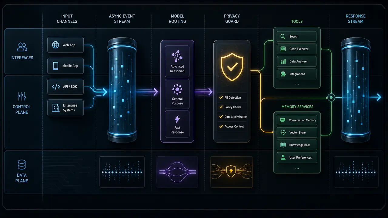 Technical pipeline visual showing interfaces, async event stream, model routing, privacy guard, tools, memory, and final response flow.